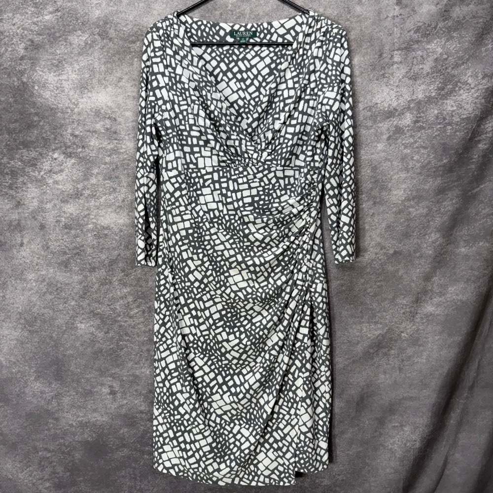 LRL Ralph Lauren Faux Wrap Sheath Dress Size 10 Black White Geometric Stretchy